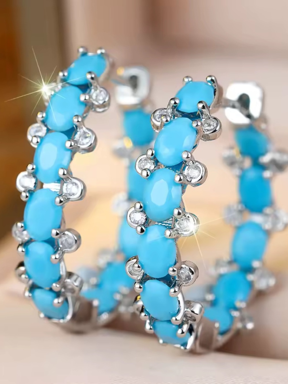 Turquoise Blue Oval Stone Hoop Earrings - Women Jewelry